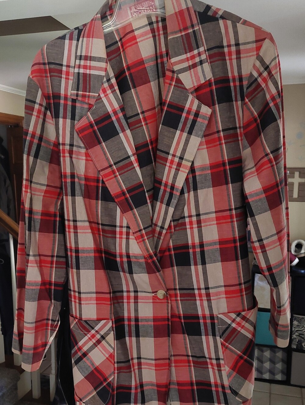 Women's Red Plaid Single-Button Blazer